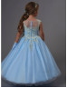 Gold Lace Blue Organza Floor Length Wedding Flower Girl Dress